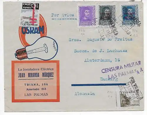 OSRAM, Las Palmas - Militär Zensur - nach Hamburg, 1938, Rückseite blanko