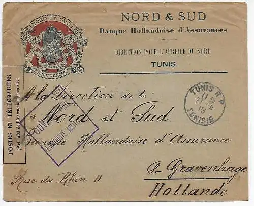 Tunis 1915 nach S' Gravenhage/NL, Franzöische Zensur