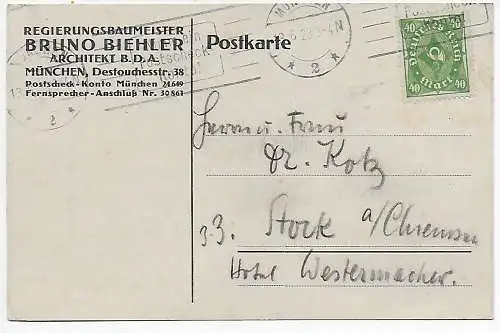 Postkarte 1923 von München nach Stock, rückseitige Handzeichnung, Kajak