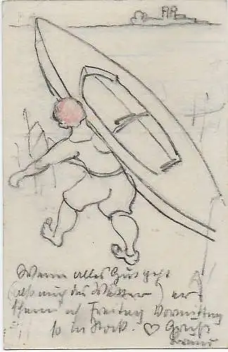 Carte postale 1923 de Munich à Stock, dessin à main arrière, kayak