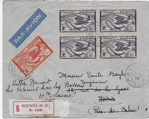 Neukaledonien, Luftpost Einschreiben Nouméa nach Harnes/Pas de Calais, 1938