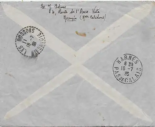Neukaledonien, Luftpost Einschreiben Nouméa nach Harnes/Pas de Calais, 1938