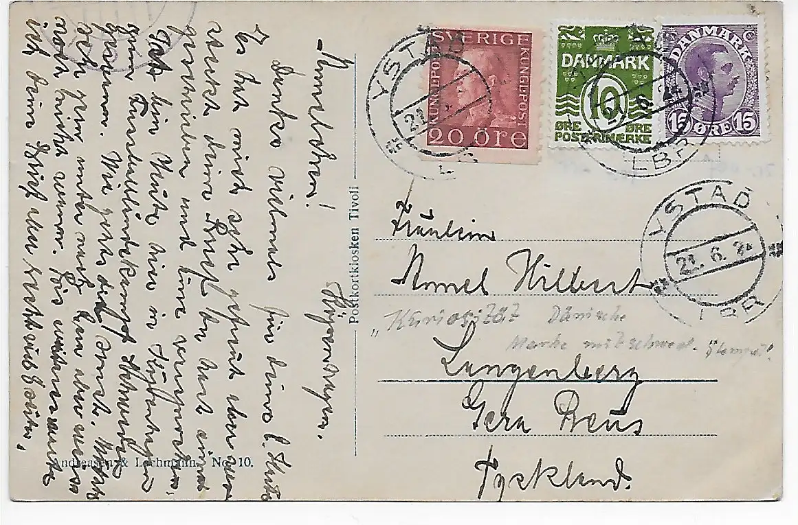 Picture post card Kopenhagen Ystad 1924 to Denmark