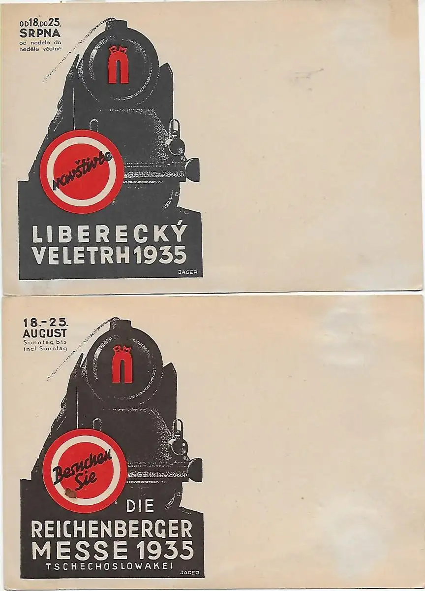 2x verschiedene Liberecky Veletrh 1935, Lokomotive, Reichenberger Messe