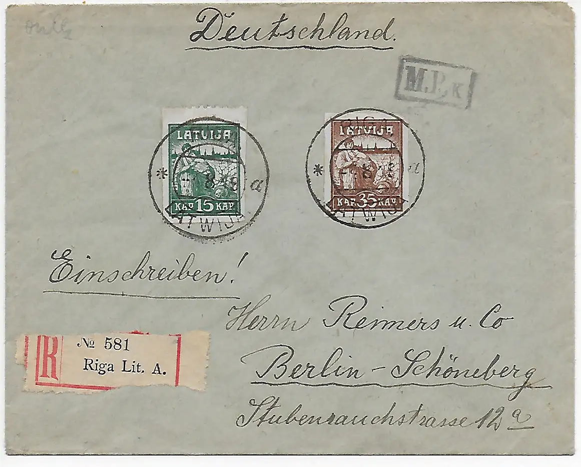 Lettre recommandé Riga Lituanie, 1919 à Berlin