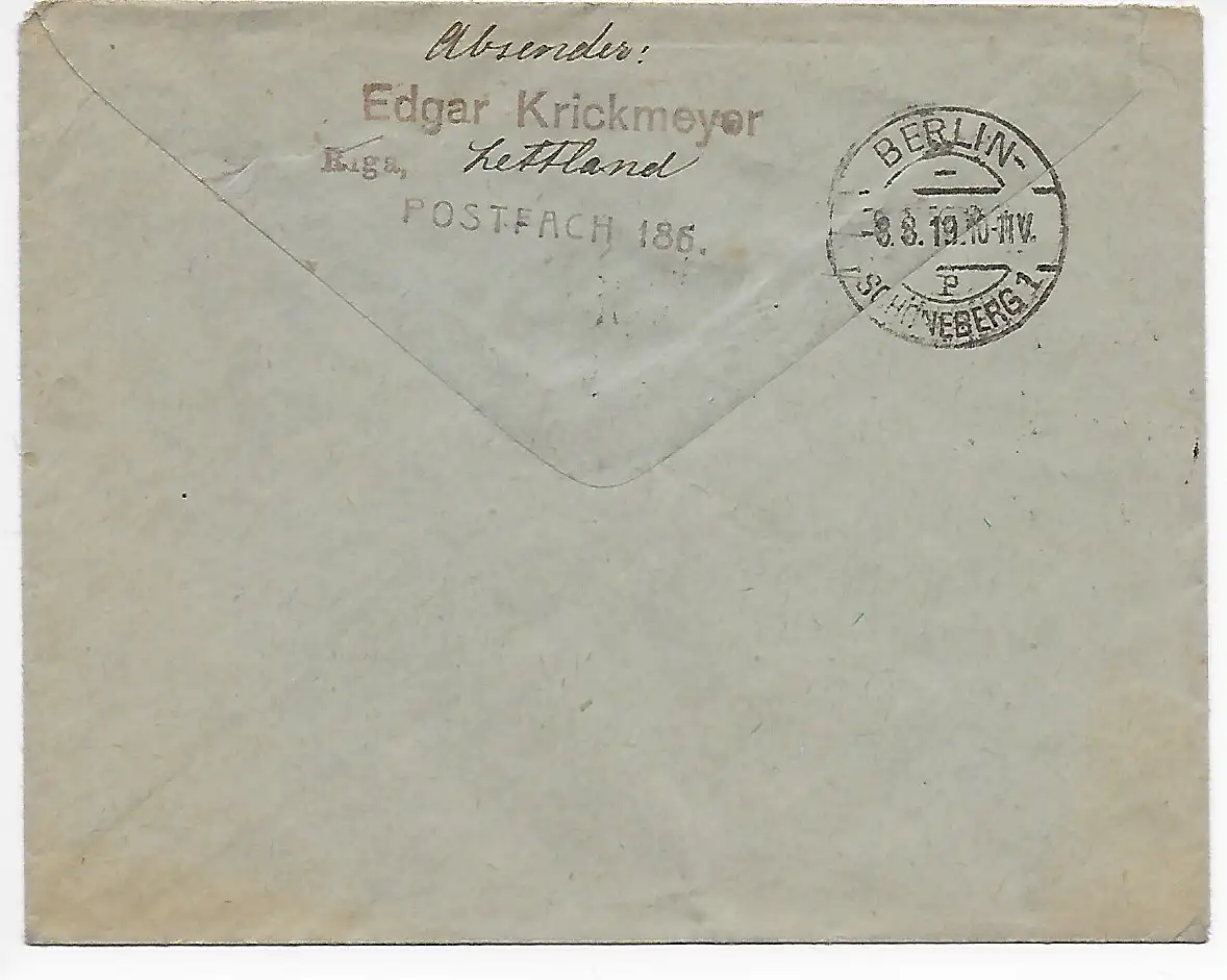 Lettre recommandé Riga Lituanie, 1919 à Berlin