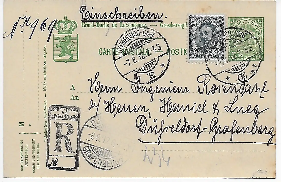 Einschreiben Luxemburg 1912 nach Düsseldorf