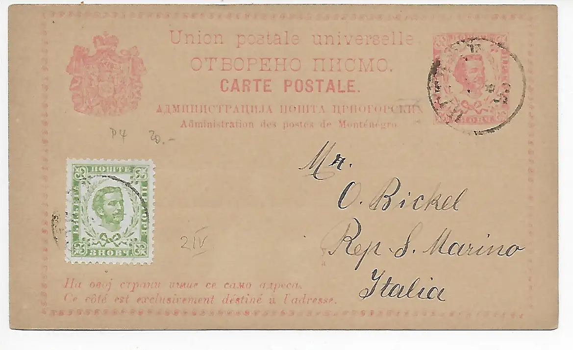 Postkarte Montenegro nach Italien, San Marino, 1895