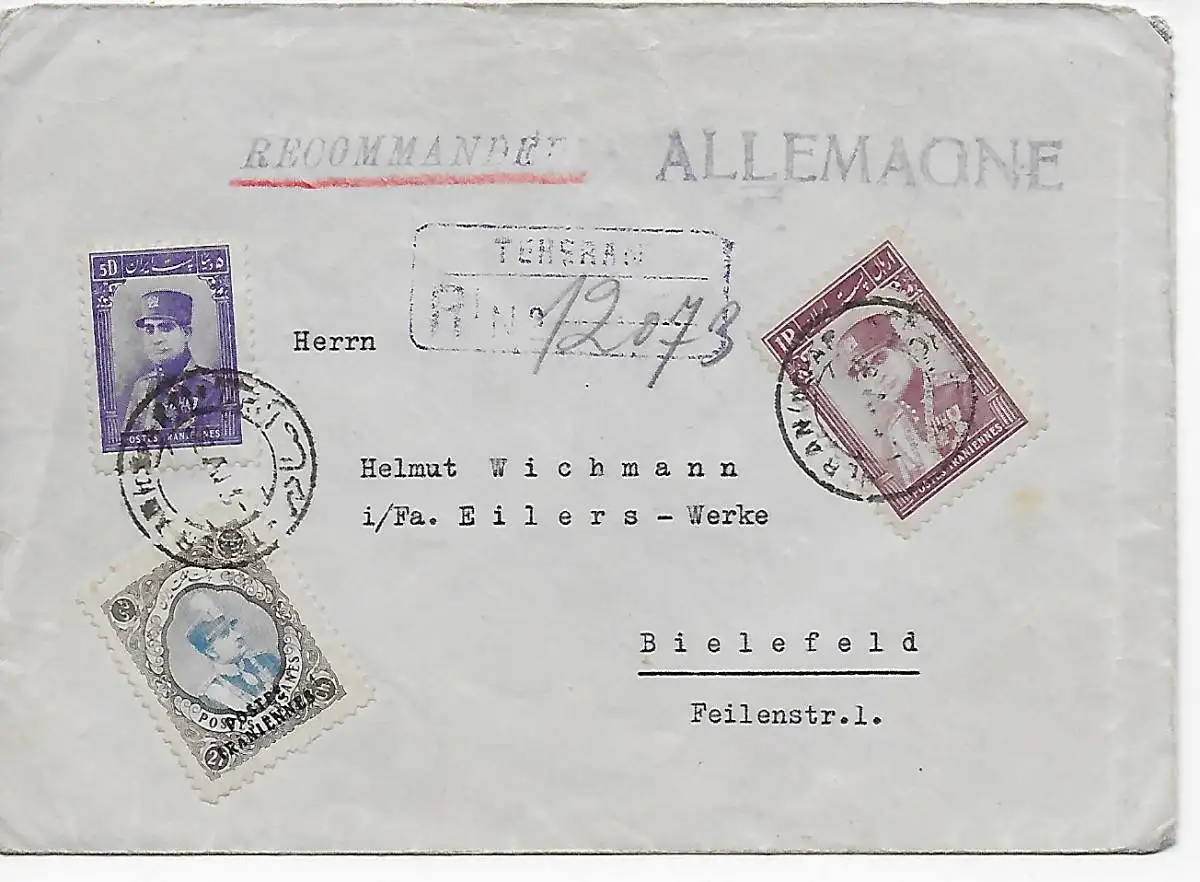 Einschreiben Teheran, Akgram 1936 nach Bielefeld