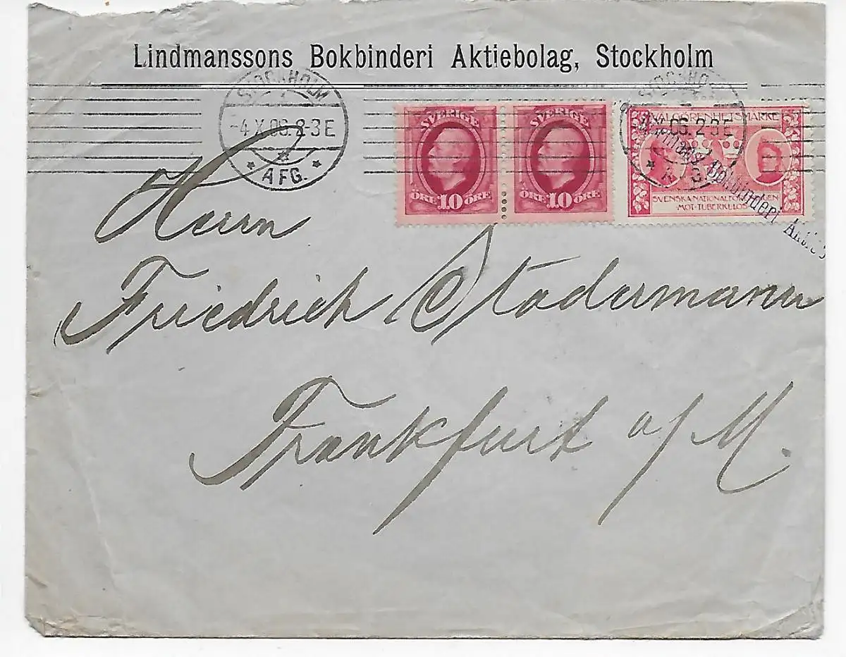 Stockholm 1906 Tuberkulose Vignette, 1906 nach Frankfurt