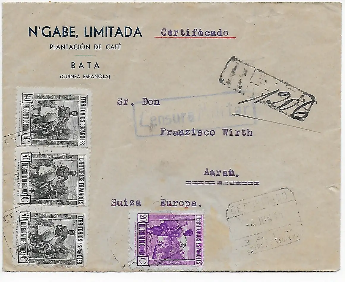 Bata (Guinea) Einschreiben nach Aarau/CH, Zensur, 1941