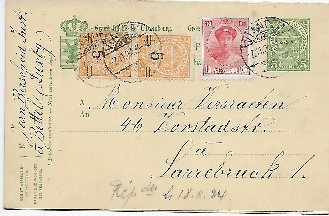 Luxembourg Carte double 1924 vers Sarrebruck.