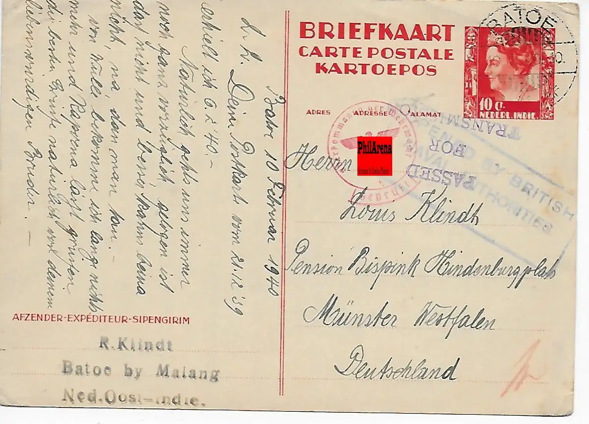 Briefkaart Batoe by Malang 1940 nach Münster, OKW und britische Zensur