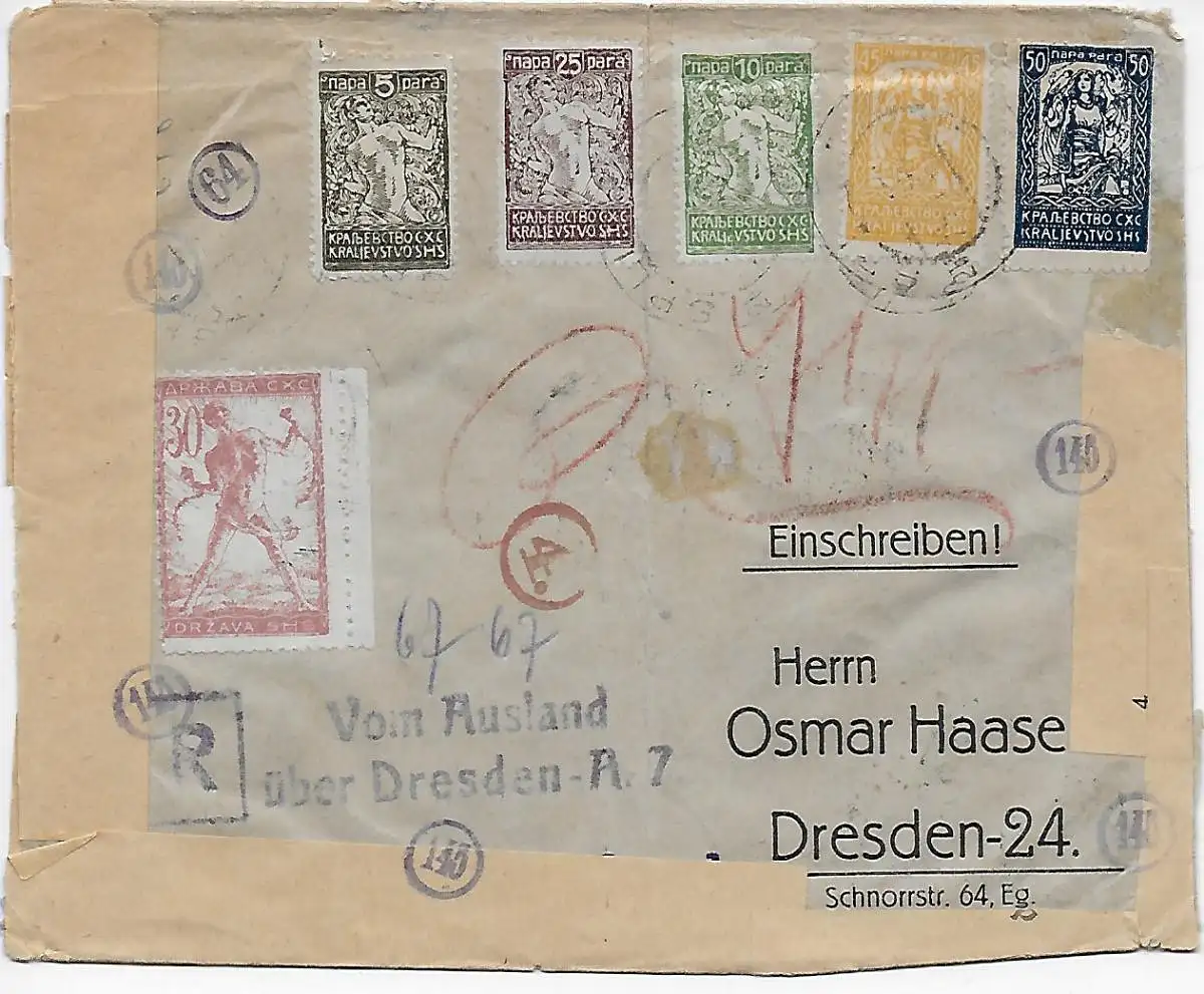 Einschreiben vom Ausland über Dresden, Devisenkontrolle 1921