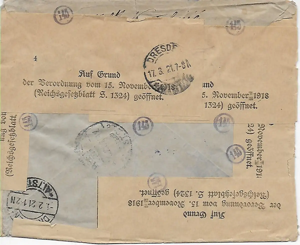 Einschreiben vom Ausland über Dresden, Devisenkontrolle 1921