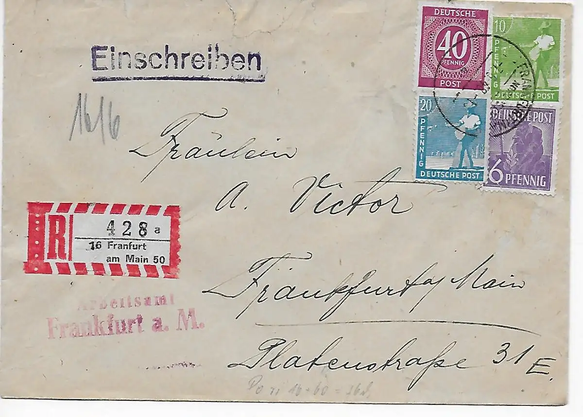 Frankfurt /M Einschreiben Arbeitsamt 1948, Nicht anzutreffen