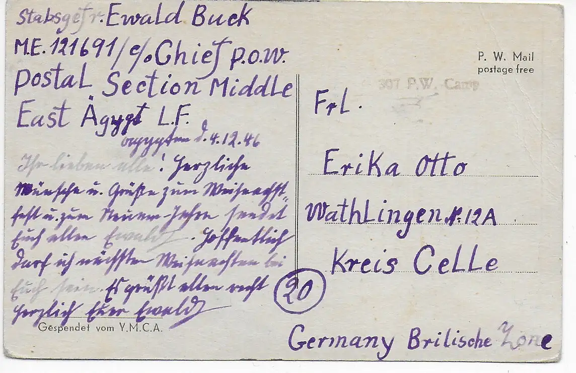 Kgf, POW: 307 P.W. Fanara, Camp East Egypt to Celle, 1946, YMCA card, christmas