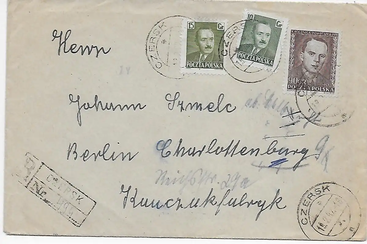 Czersk 1952, Einschreiben nach Berlin, Rückseite viele Stempel: Nicht ermittelt