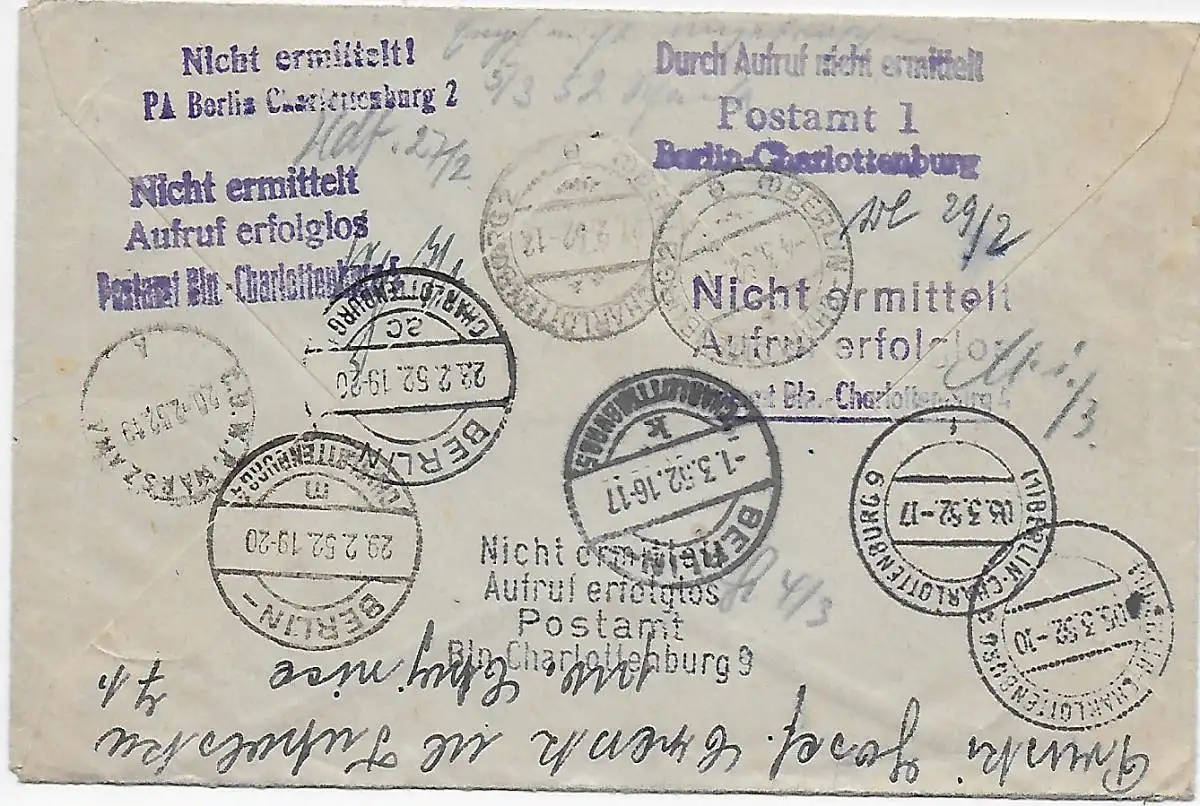 Czersk 1952, Einschreiben nach Berlin, Rückseite viele Stempel: Nicht ermittelt