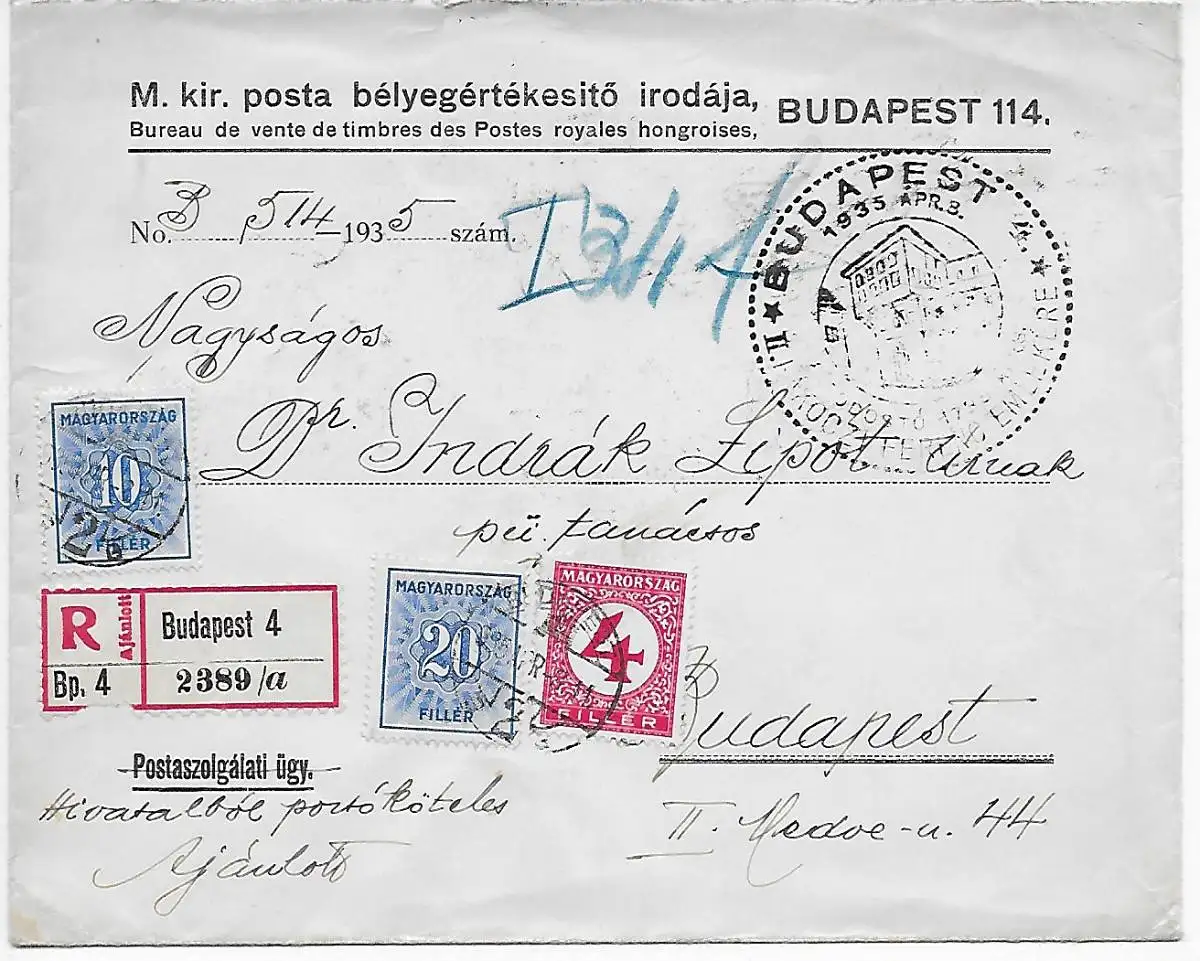 Budapest Einschreiben mit Portomarke 1935