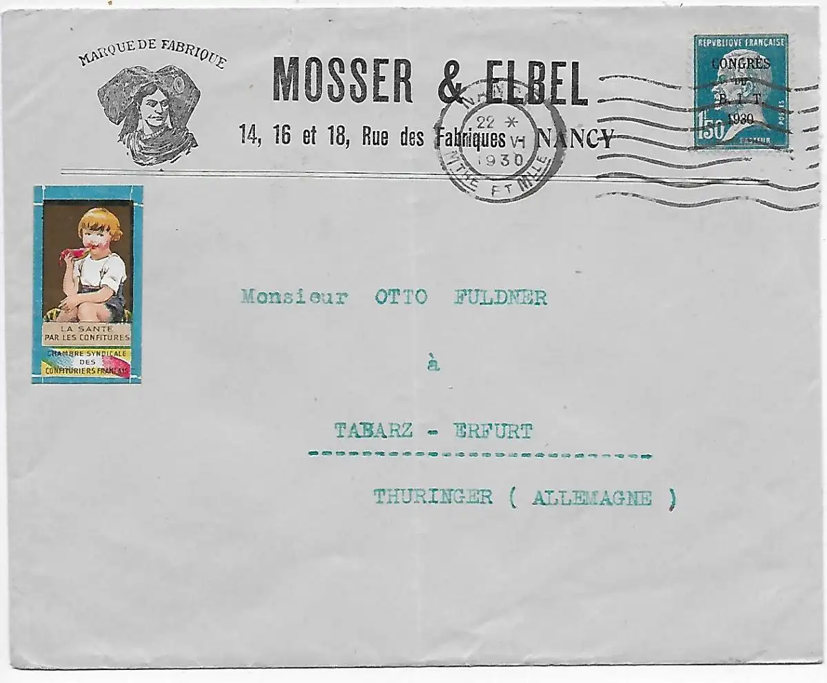 Société de couverture de Nancy vers Tabarz-Erfurt, 1903, enfant, confiture, Confiture