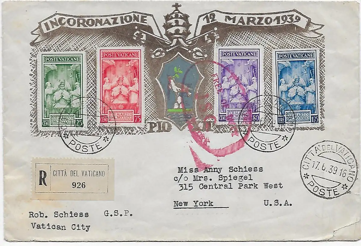 Lettre recommandé au Vatican pour New York, 1939