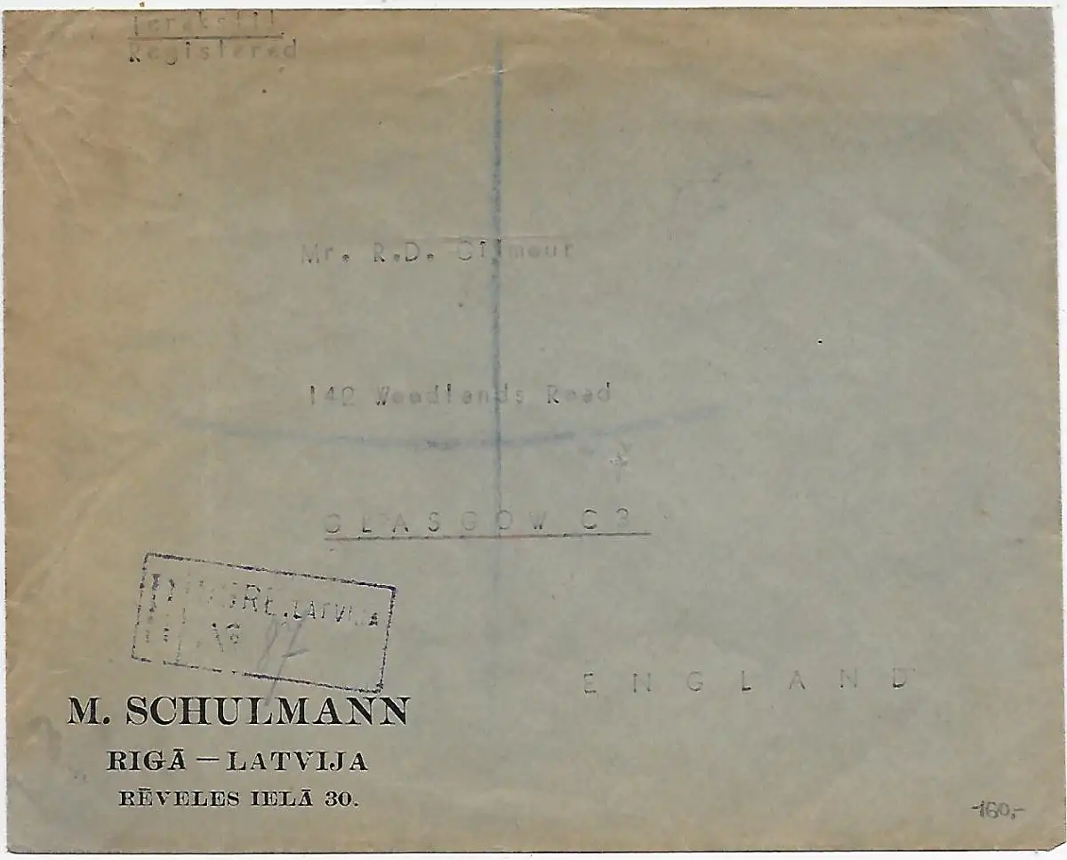 Riga lettre recommandée pour Glasgow, 1926