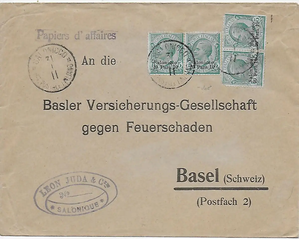 Geschäftspapiere Salonique nach Basel, 1911