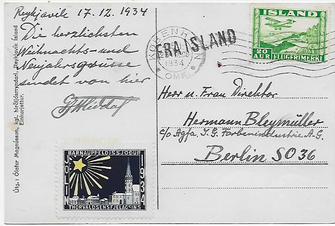 Ansichtskarte Island über Kopenhagen nach Berlin - Agfa Farben 1934
