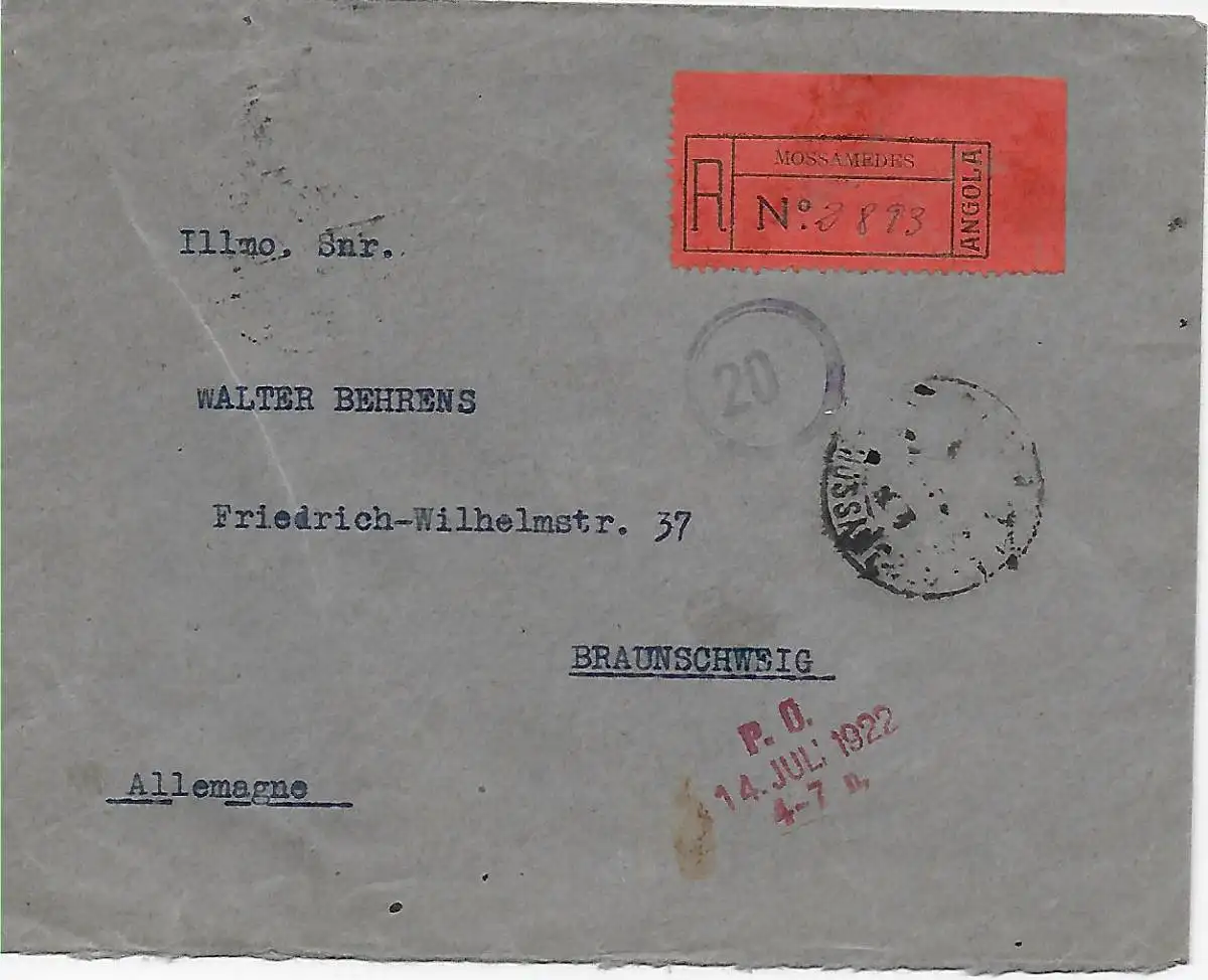 Mossamedes Angola, 1922 als Einschreiben nach Braunschweig
