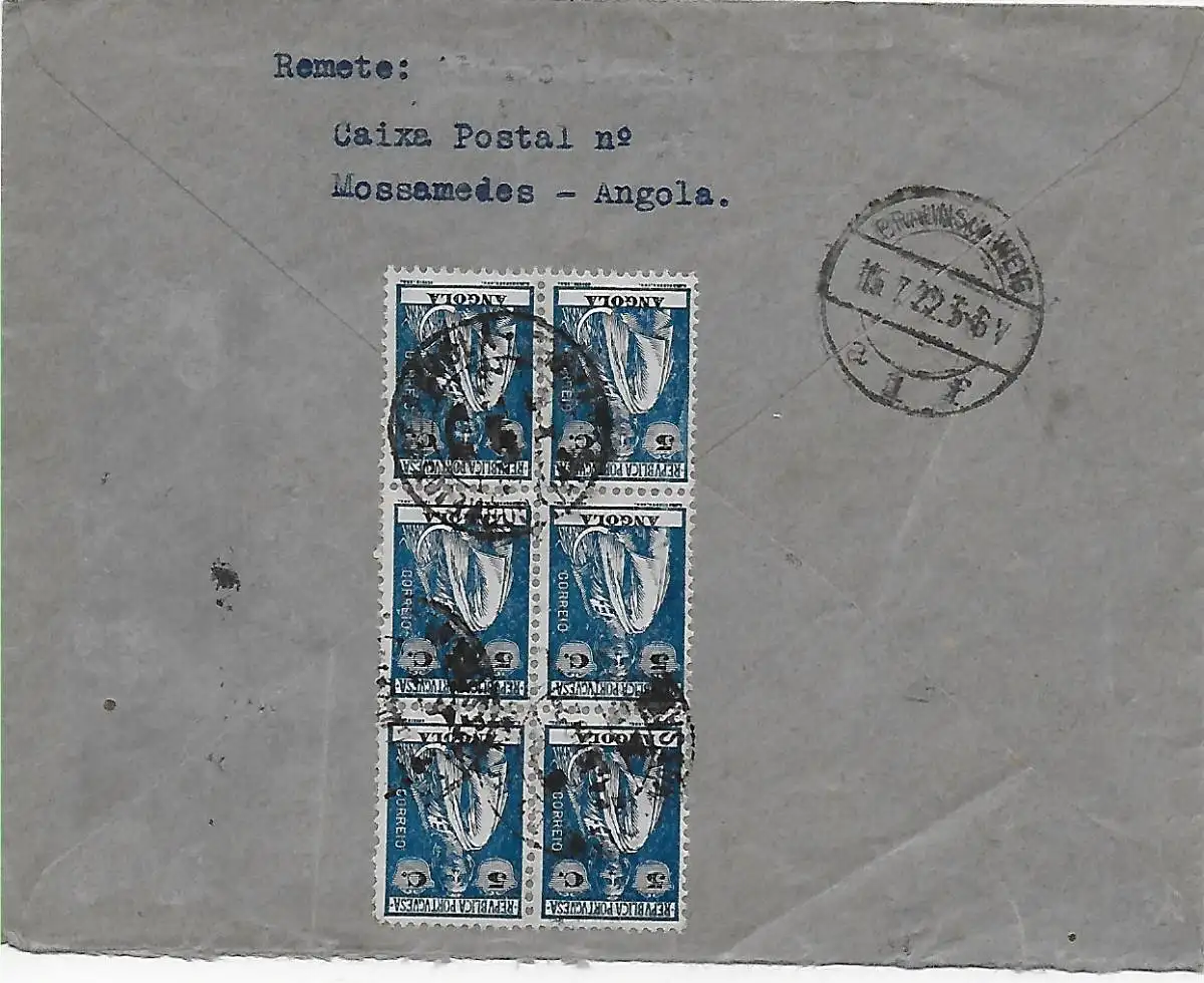Mossamedes Angola, 1922 als Einschreiben nach Braunschweig
