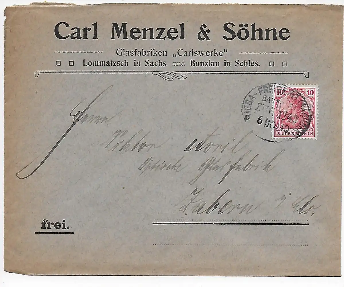 Glasfabrik Lommatzsch/Bunzlau mit Bahnpoststempel Riesa-Freiberg, 1910