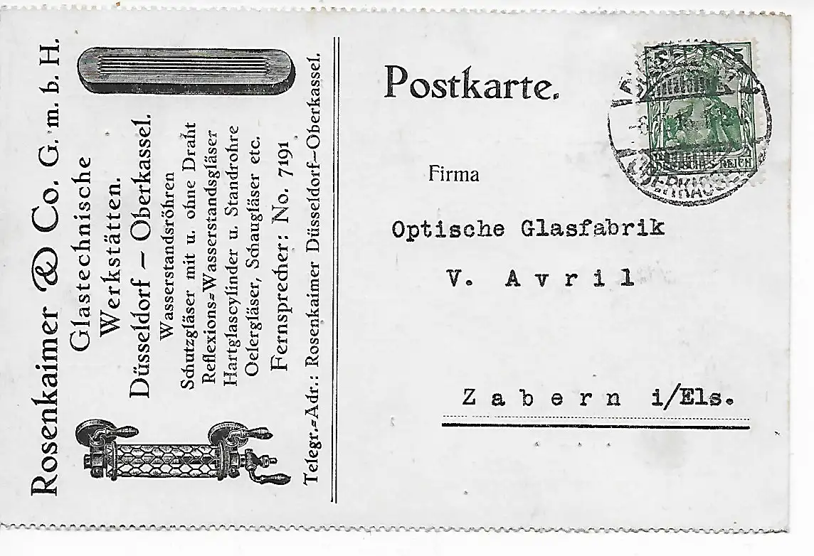 Postkarte Glastechnische Werkstätten, Düsseldorf-Oberkassel nach Zanbern, 1916