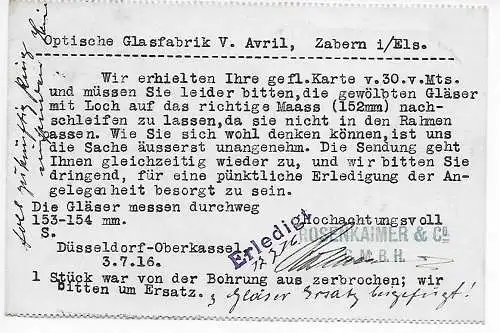 Postkarte Glastechnische Werkstätten, Düsseldorf-Oberkassel nach Zanbern, 1916