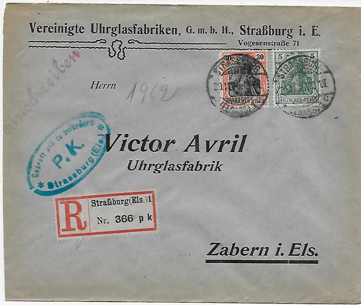 Einschreiben Straßburg Uhrglasfabrik nach Zabern, 1916, Zensur
