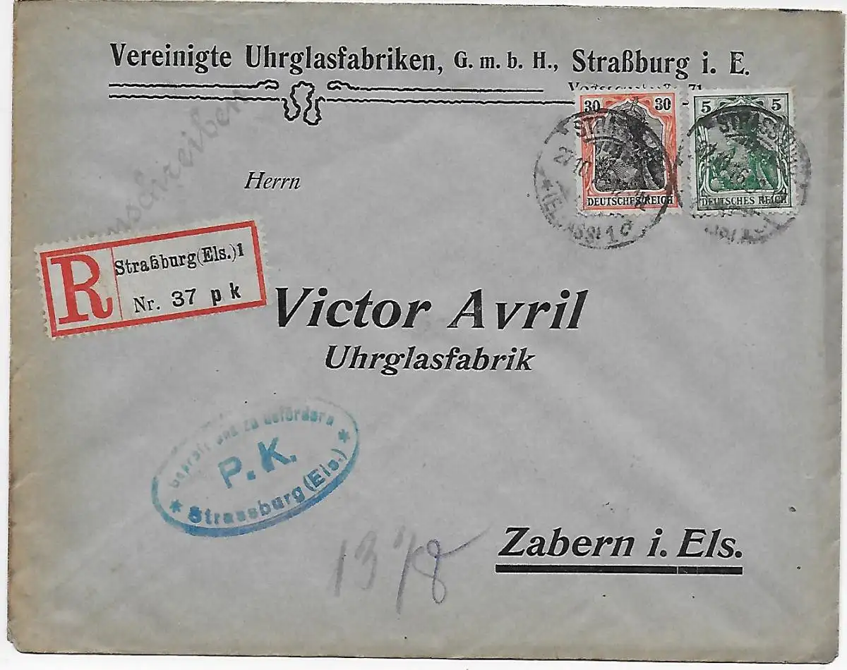 Einschreiben Elsaß Straßburg Uhrglasfabrik nach Zabern, 1916, Zensur