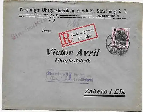 Inscription Alsace Strasbourg Horlogerie à Zabern, 1915, censure