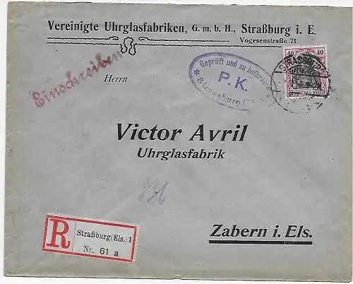 Alsace Strasbourg Inscrit, fabrique de verre à montre à Zabern, 1915, censure