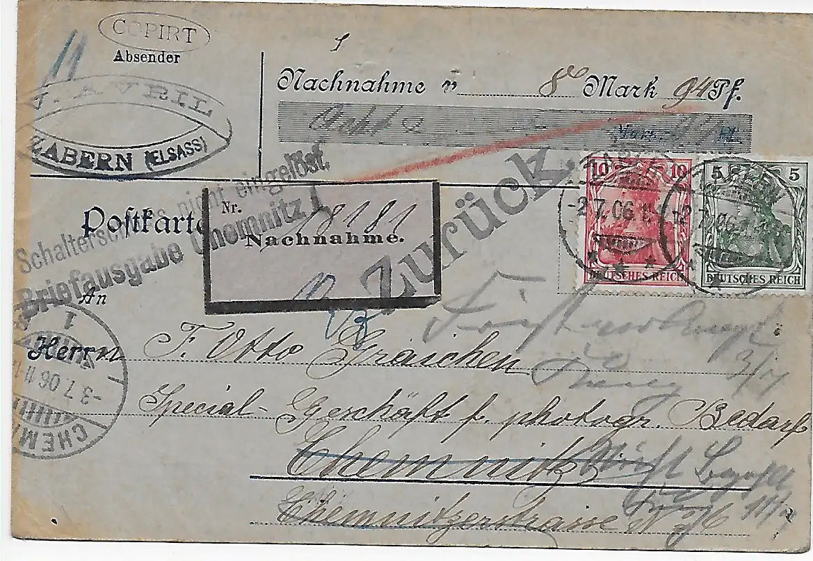 Nachnahme Zabern nach Chemnitz, nicht eingelöst 1906
