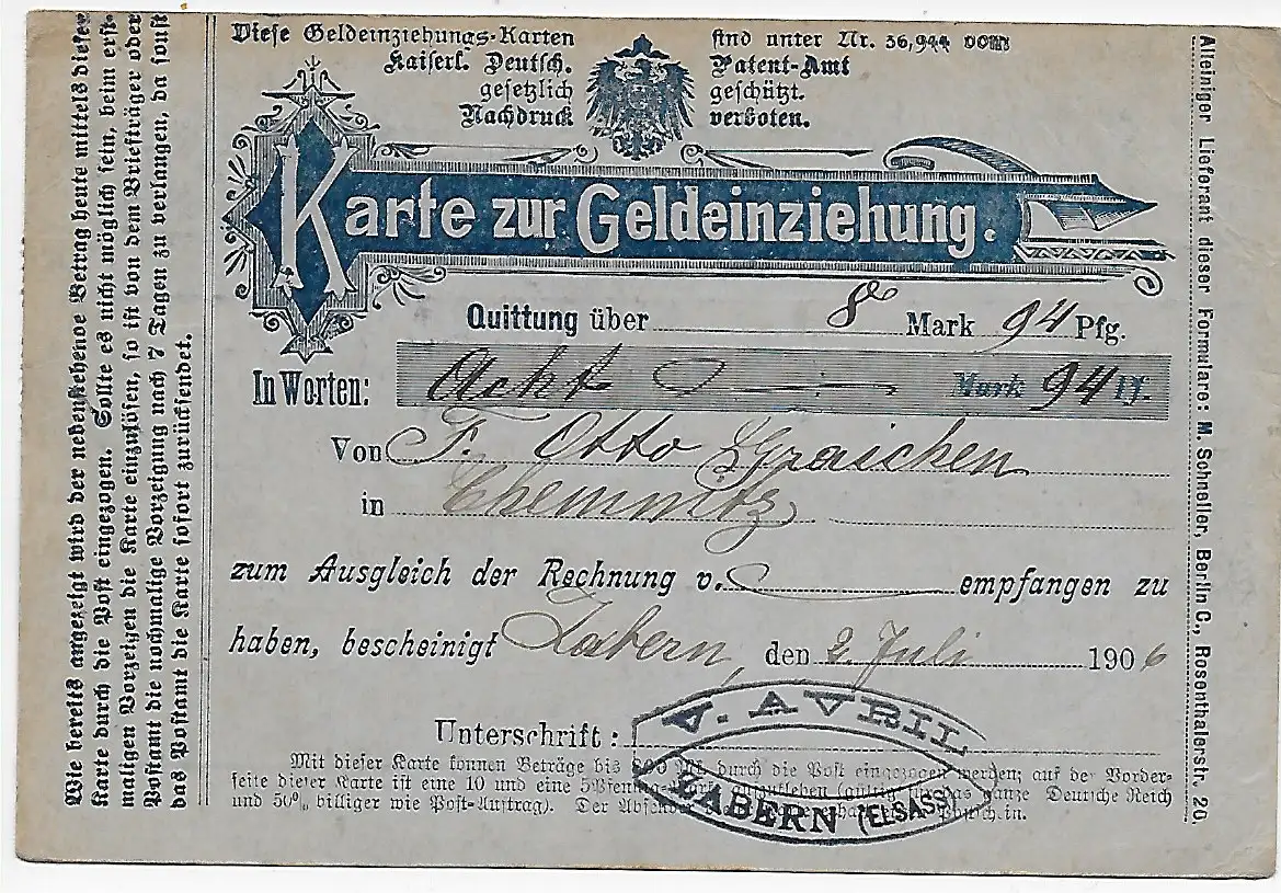Nachnahme Zabern nach Chemnitz, nicht eingelöst 1906