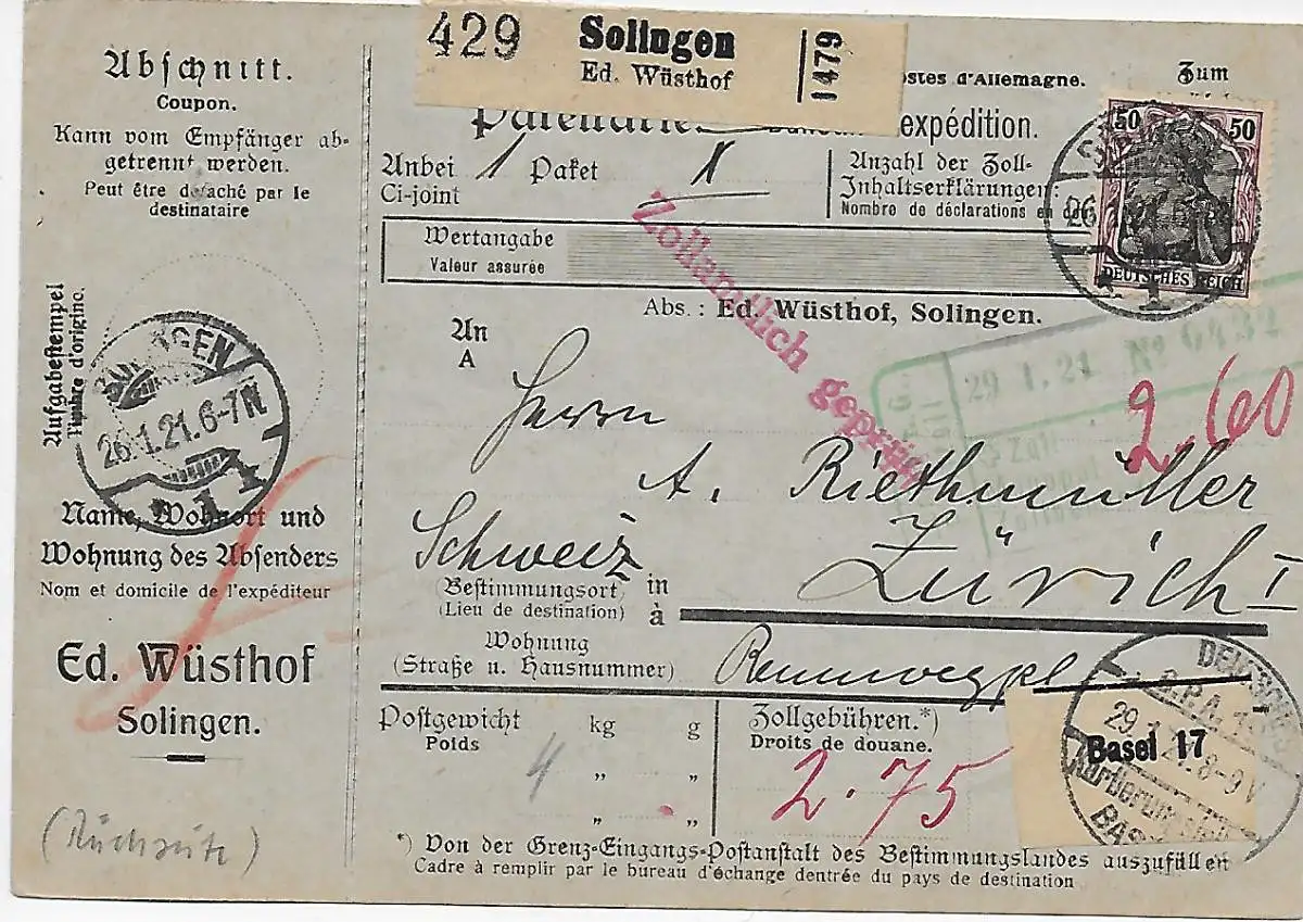 Paketkarte Solingen nach Zürich/CH 1921, rücks. Zollamt Solingen, Beschaufrei