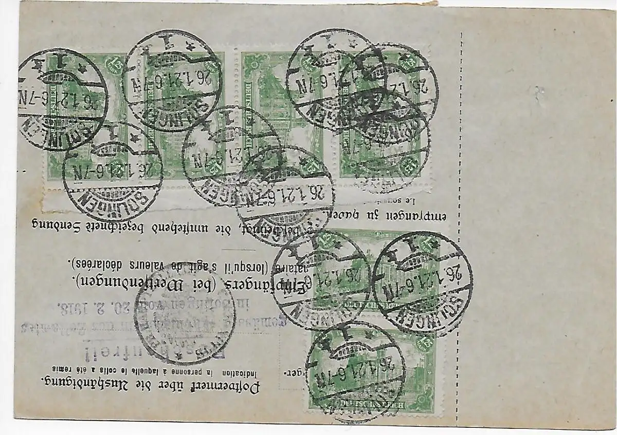 Carte de colis Solingen vers Zurich/CH 1921, arrières. Bureau des douanes Solen, Sans contrôle