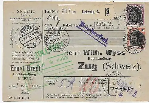 Carte colis Leipzig après Zoug/CH - impression, 1916, sans blague, sur Lindau