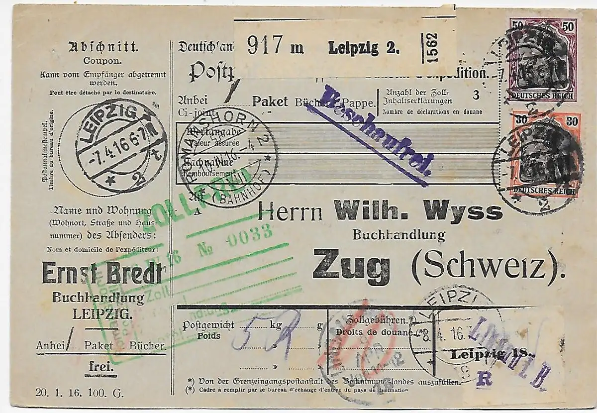 Paketkarte Leipzig nach Zug/CH - Eindruck, 1916,  Beschaufrei, über Lindau