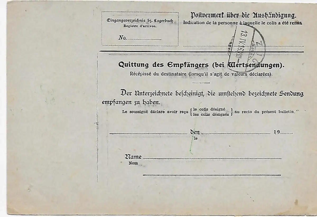 Carte colis Leipzig après Zoug/CH - impression, 1916, sans blague, sur Lindau
