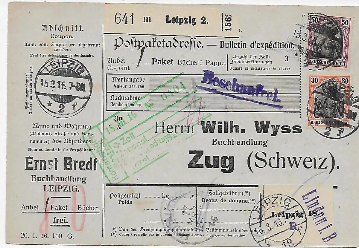 Paketkarte Leipzig nach Zug/CH - Eindruck, 16.3.1916,  Beschaufrei, über Lindau