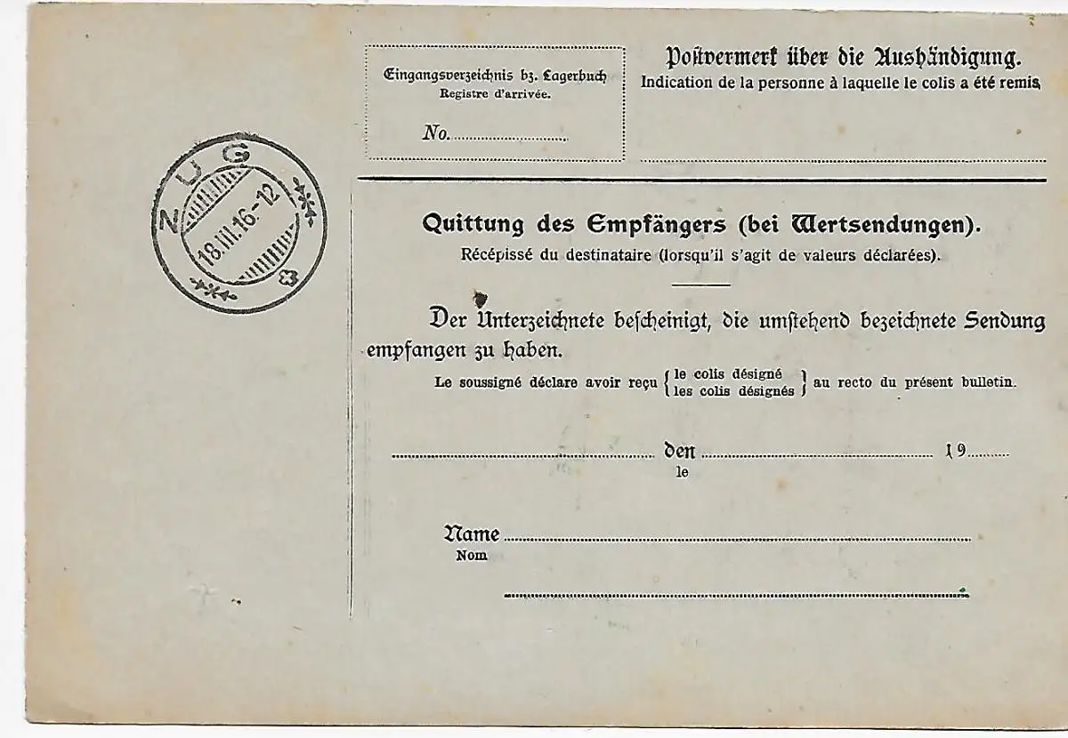 Carte colis Leipzig après Zoug/CH - impression, 16.3.1916, sans blague, sur Lindau