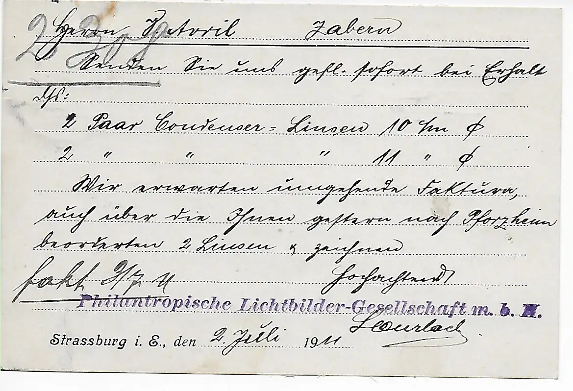 Philatropische Lichtbilder, 1911 Straßburg nach Zabern