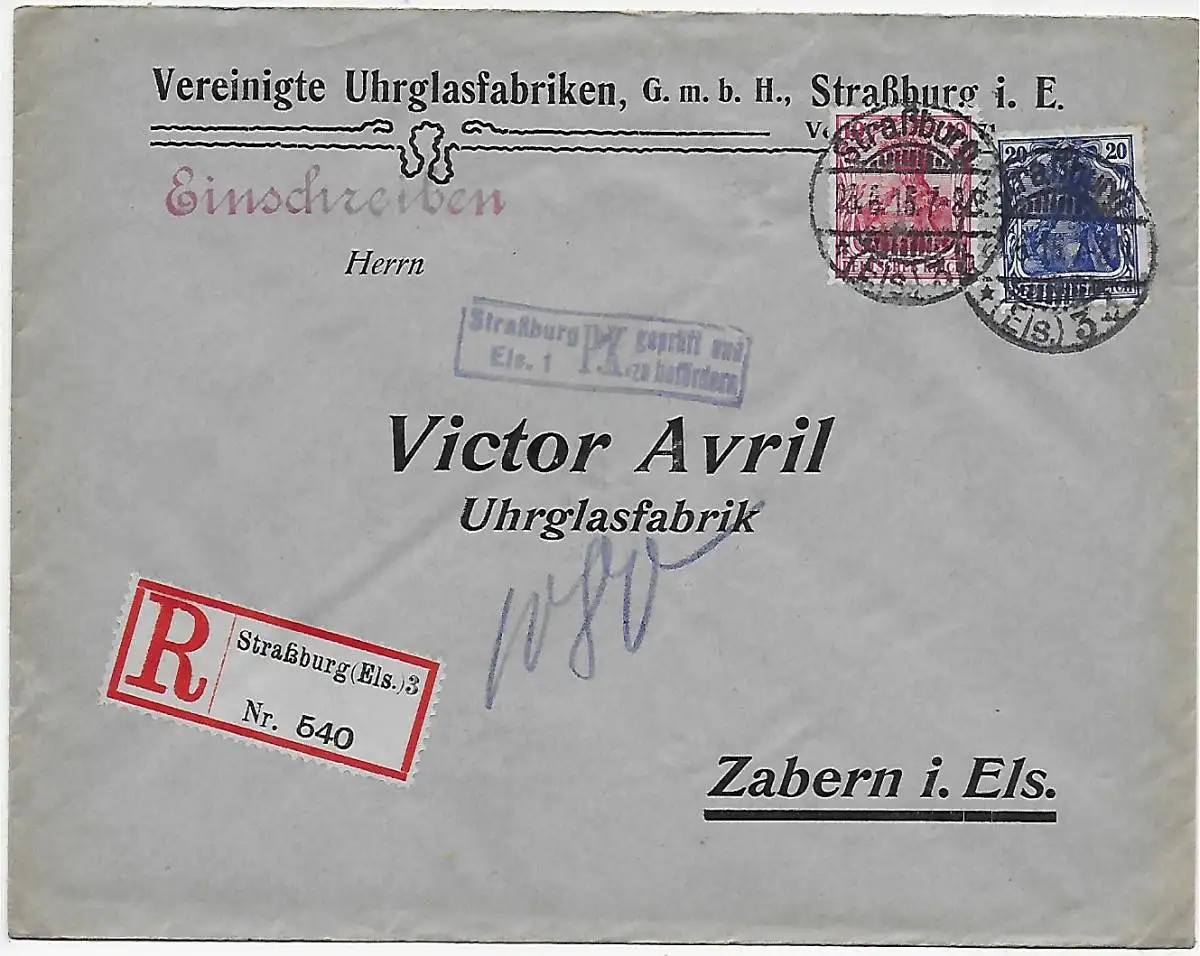 Strasbourg Alsace, censure 1915 vers Zabern Helsinki