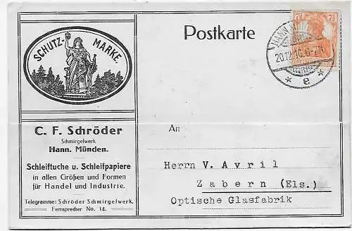 Hannover-Münden, Postkarte 1916 Schleifpapiere nach Zabern/Els.